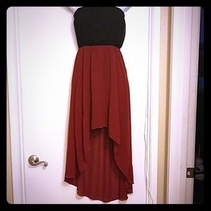 Burgundy &  black sheer dress.